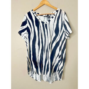 Rachel Zoe Zebra Print V-Neck Top Womens 1X White Black 100% Cotton Short Sleeve
